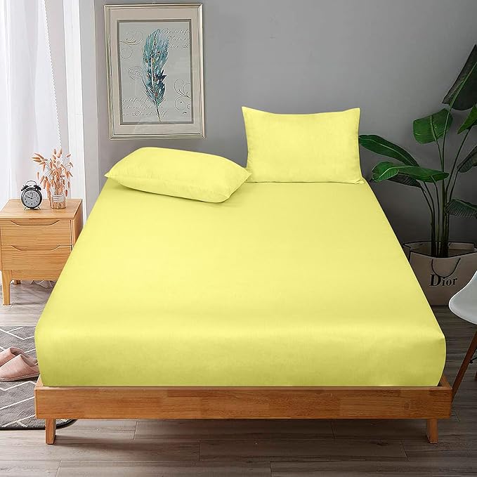 ROYALE LINENS 300 Thread Count 100% Long Staple Combed Cotton Fitted Sheet Twin XL - Super Soft Deep Pocket Bottom Sheet - Fitted Sheets Only - Elastic Sheets (Twin XL, Yellow)
