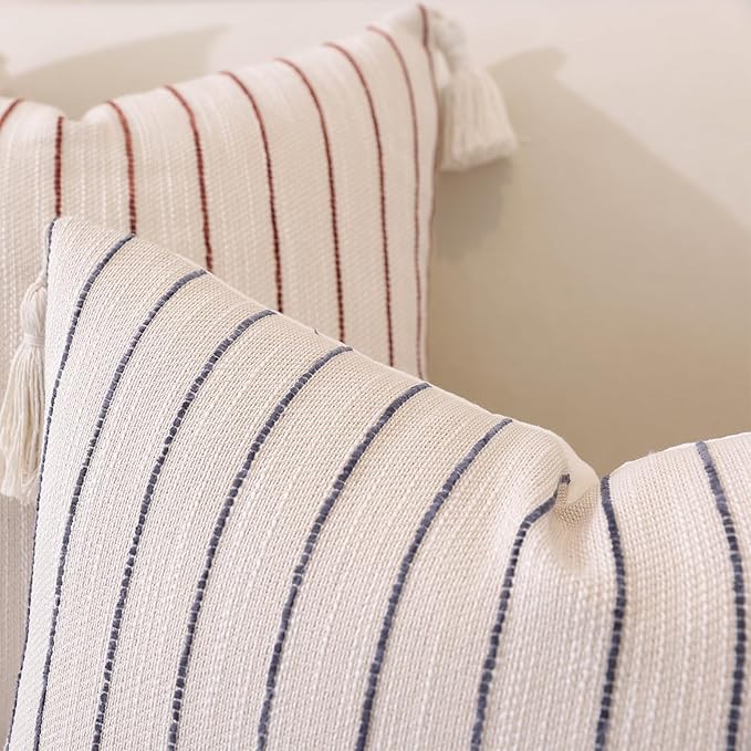 Decorative Boho Throw Pillow Cover 20x20 Inch Set of 2, Soft Textured Linen Striped Throw Pillows with Tassels, Farmhouse Decor Cushion Covers for Couch Bed Living Room, Dusty Blue