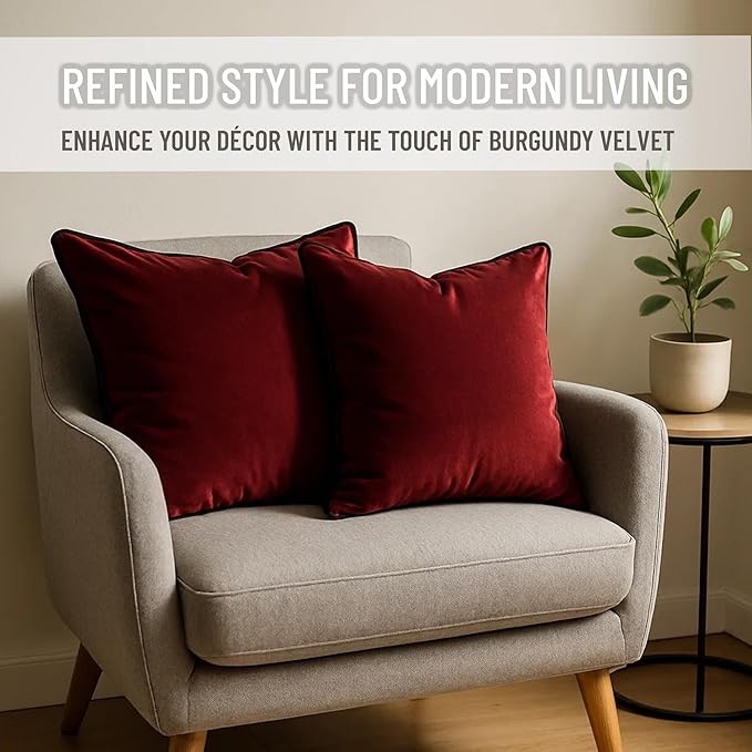 2 Pack Velvet Decorative Throw Pillow Covers, 20"x20", Burgundy, Solid, Modern, Contrast Piping, Indoor Use, Bedroom & Living Room