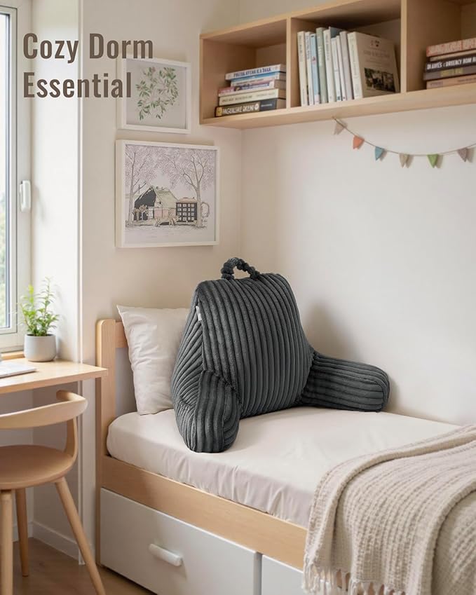 Blissful Diary Reading Pillow for Sitting in Bed, Flannel Back Pillow Bed Sitting Up for Adult & Children, Backrest Cushion for Sit Up in Couch or Floor, Dorm Essentials, Dark Gray