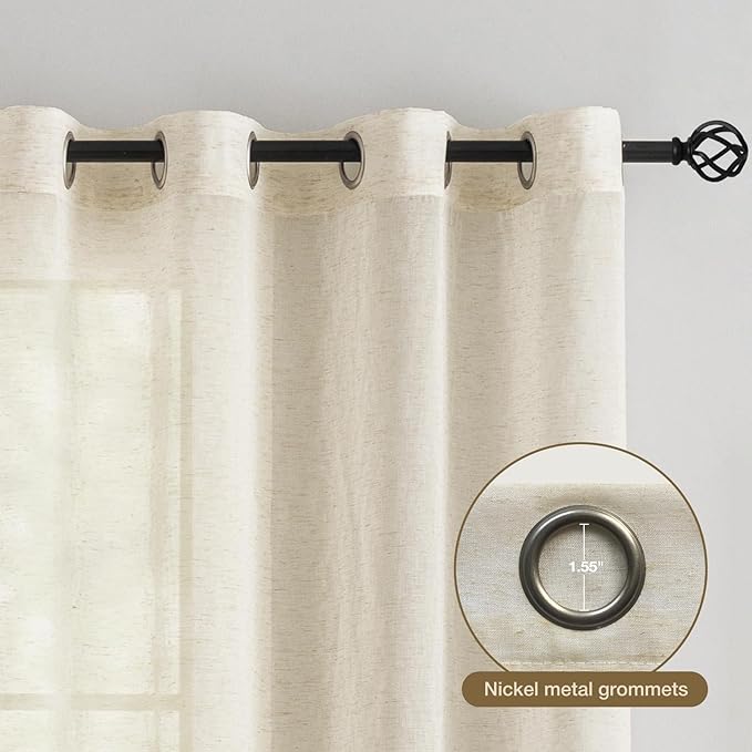 Anmao Flax Linen Curtains for Living Room 96 Inch Length 2 Panels Set, Light Filtering Sheer Window Curtain Drapes for Bedroom with Nickel Grommet, 52 Inch Wide Each Panel, Natural Color