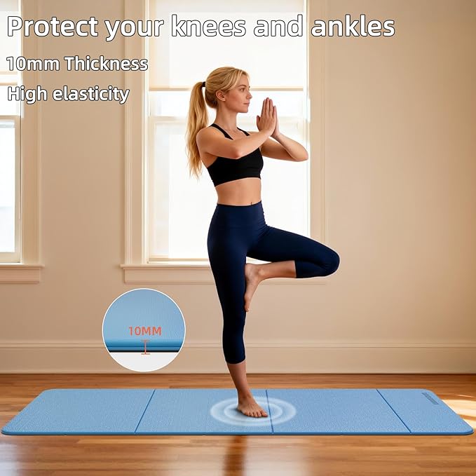 Foldable Yoga Mat Thick 10mm-WUWAN Extra Large Exercise mat, TPE Material, Non-Slip Fitness Folding Mats Easy to Carry For Home Workout Travel Pilates