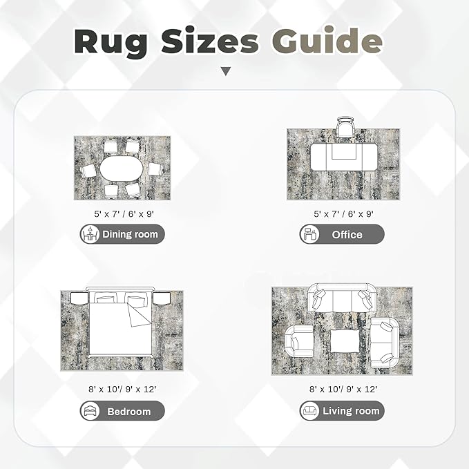 Area Rugs 8x10 for Living Room: Washable Rug Modern Abstract Neutral Soft Non-Slip Low-Pile Indoor Large Carpet for Bedroom Dining Room Playroom Home Office (Black Grey Brown, 8'x10')