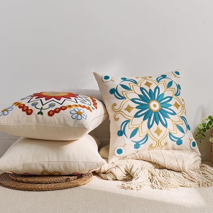 Embroidered Throw Pillow Cover 20x20 Classic Boho Floral Pattern Pillows Cover Outdoor Decorative Pillowcase,Durable Cozy Textured Cushion Case for Sofa Couch Bed Living Room,Teal
