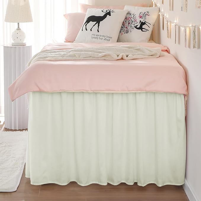 RIMELA Cream Dorm Bed Skirt Twin XL 32 Inch Drop, Easy to Install Extra Long Wrap Around Elastic Dust Ruffle, Bedskirt Silky Fabric Machine Washable (Twin XL 80“L x 39”W & Twin 75“L x 39”W)