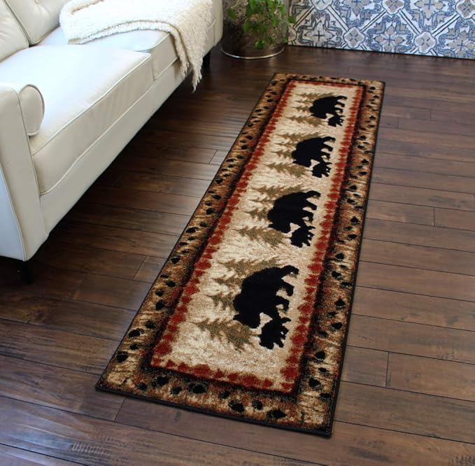 Masada Rugs, Cabin Lodge Area Rug Bear and Cub Scene (2 Feet X 7 Feet 3 Inch) Runner