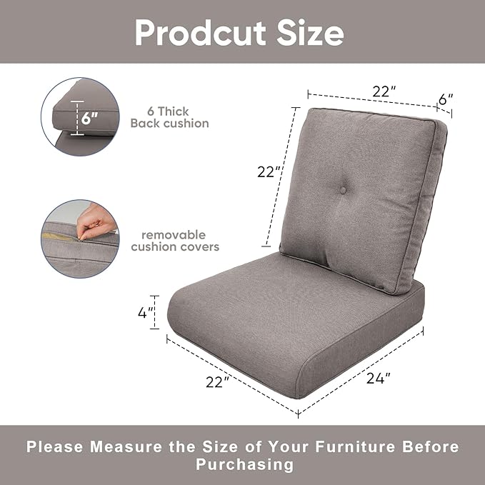 7-Piece Outdoor Patio Cushion Set - Fade & Water Resistant with Removable Olefin Cover, 22x24x4 Inch Memory Foam Cushions for Wicker Sectional Sof - Grey/Buckle