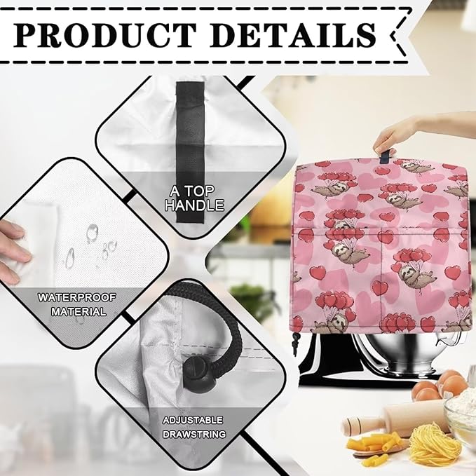 Funny Sloth with Hearts Mixer Cover Stand Mixer Dust Proof Covers with Handle and Front Pockets Kitchen Aid Mixer Cover for 6-8 Qt Mixer,Kitchen Coffee Maker Toaster Machine Dust Cover