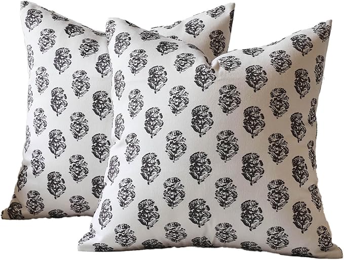DOMVITUS Set of 2 Floral Pillow Covers 20x20, Block Print Pillow Covers Vintage Neutral Decorative Farmhouse Throw Pillow Covers for Couch Bed Living Room Black