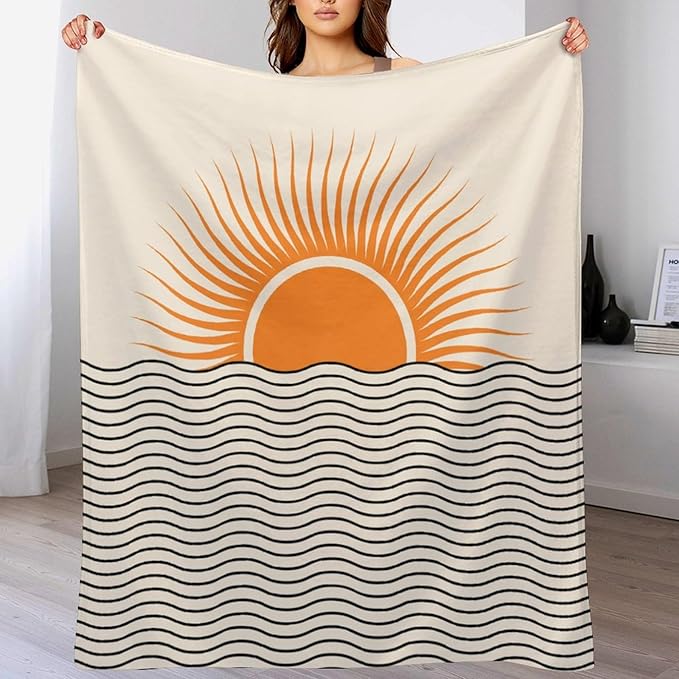 Abstract Sunset Throw Blanket, Boho Mid Century Geometric Minimalist Aesthetic Wave Sunrise Soft Warm Blankets for Couch Bedroom Sofa Office, 30"x40"