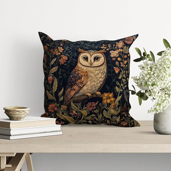 YOU FOUND ME William Morris Abstract Vintage Floral Velvet Owl Design Throw Pillow Covers Home Decor, Retro Art Deco Pillowcase Cushion Cover for Bed Sofa Living Room, Square 18x18inch (Brown-Owl)