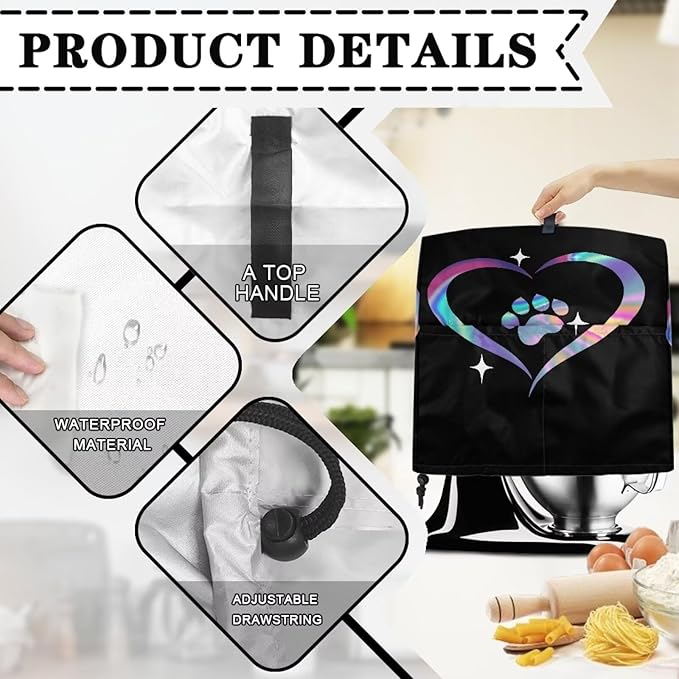 Dog Paw Heart Print Mixer Cover Stand Mixer Dust Proof Covers with Handle and Front Pockets Kitchen Aid Mixer Cover for 6-8 Qt Mixer,Kitchen Coffee Maker Toaster Machine Dust Cover