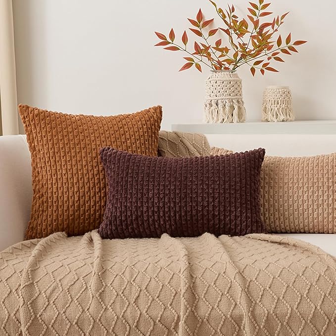 Kevin Textile 12x20 Inch Pillow Cover 1 Pack Boho Decorative Soft Striped Corduroy Lumbar Farmhouse Accent Rectangle Cushion Case for Living Room Couch Sofa Bed, Coffee
