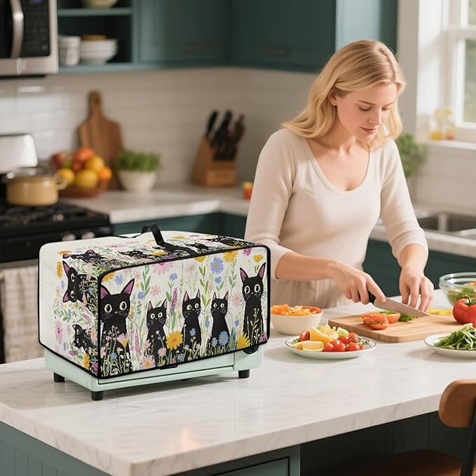 Countertop Microwave Oven Cover with Side Pockets, Dust Protection Small Appliance Toaster Ovens Dust Cover, M, 16.5 x 20.5 x 10 Inches, Cartoon Black Cat Daisy Flower