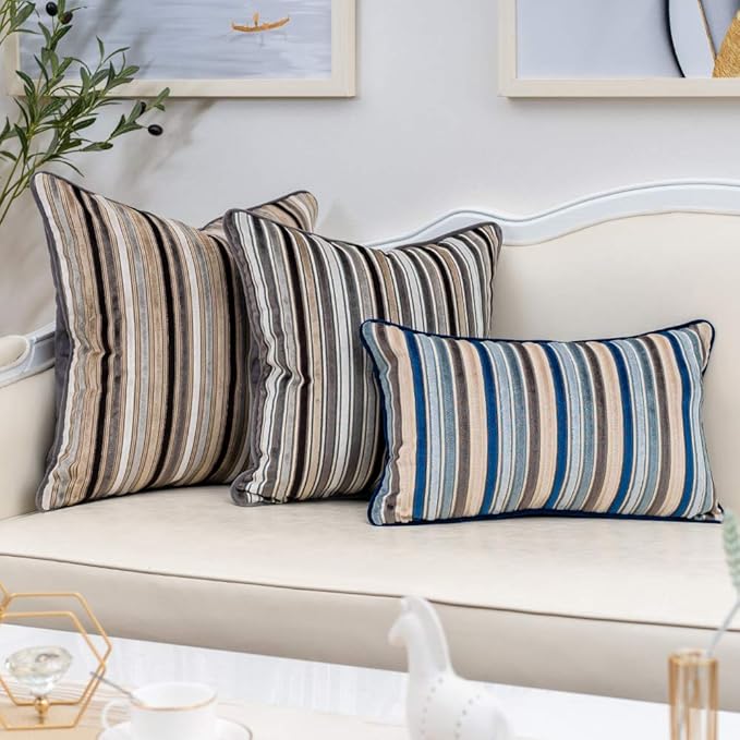 Yangest Grey Striped Throw Pillow Cover Multicolor Velvet Cushion Cover Modern Bohemian Pillowcase for Sofa Couch Bedroom Living Room Home Christmas Decoration,16x16 Inch