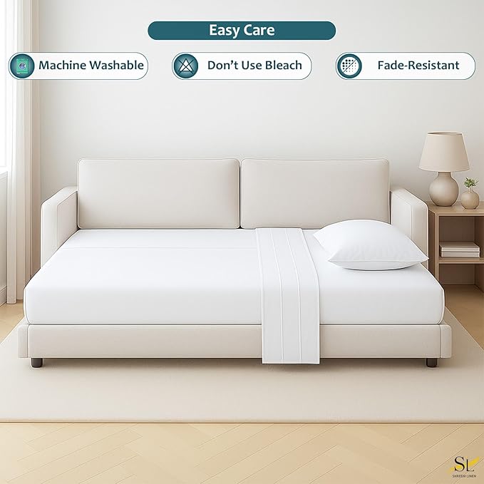 Luxury Queen Sleeper Sofa Bed Sheet Set,100% Egyptian Cotton, 338 Thread Count, Queen Size (60 x74 +6 Inch Deep Pocket) Soft and Light Weight 4pcs Sofa Set (White Solid)