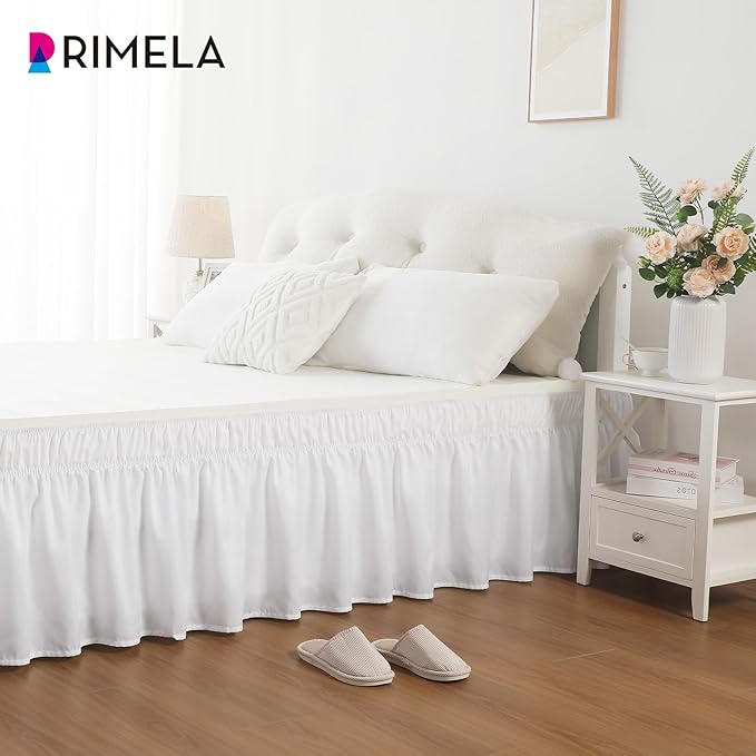 RIMELA White Bed Skirt King Size 21 Inch Drop, Elastic Bed Skirting for Bed Base and Frame, Bedding Dust Ruffle Easy to Install, Lightweight Wrap Around Adjustable Bedskirt
