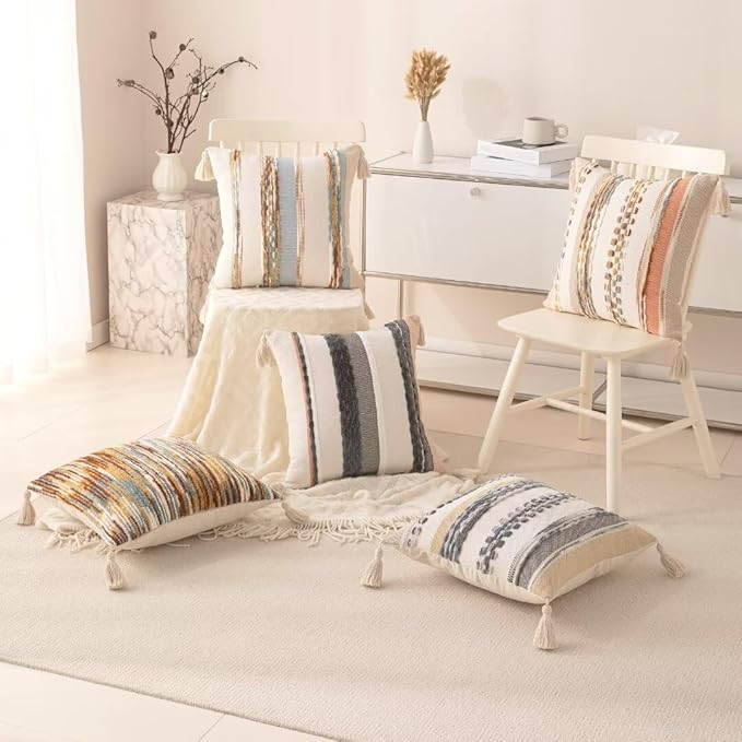 Boho Throw Pillow Covers 18x18 Set of 2 Woven Tufted Farmhouse Pillows Cover with Tassels Textured Striped Cushion Case Neutral Pillow Cases Decorative Pillowcase for Sofa Couch,Dark Grey