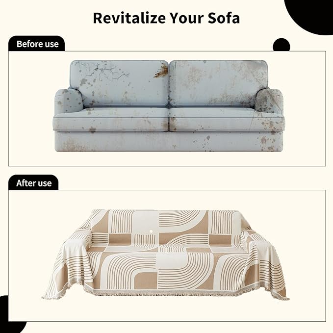 Boho Couch Cover Sofa Covers Washable, Chenille Couch Covers for 3 Cushion Couch Sofa Pet Friendly, Bohemian Sofa Slipcovers for Sectional Sofa, Loveseat, 2 3 4 Seater (91" x 134", Khaki)