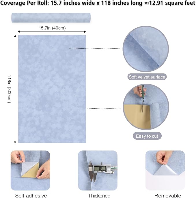 Light Blue Self Adhesive Velvet Flocking Liner for Jewelry Box Dresser 15.7"x118" Soft Felt Drawer Liner Roll Removable Felt Fabric Wallpaper Velvet Contact Paper for Cabinets Shelf Liners