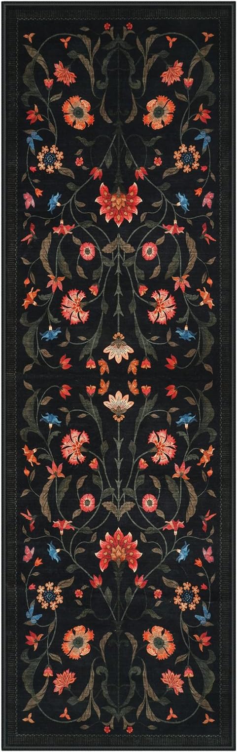 LIVEBOX Black Runners for Hallway - Boho Floral 2'6"x8 Washable Runner Rug, Non-Slip Kitchen Runner Rug, Soft Low-Pile Non-Shedding Carpet Runners for Hallway Entryway Bedroom Bathroom Farmhouse