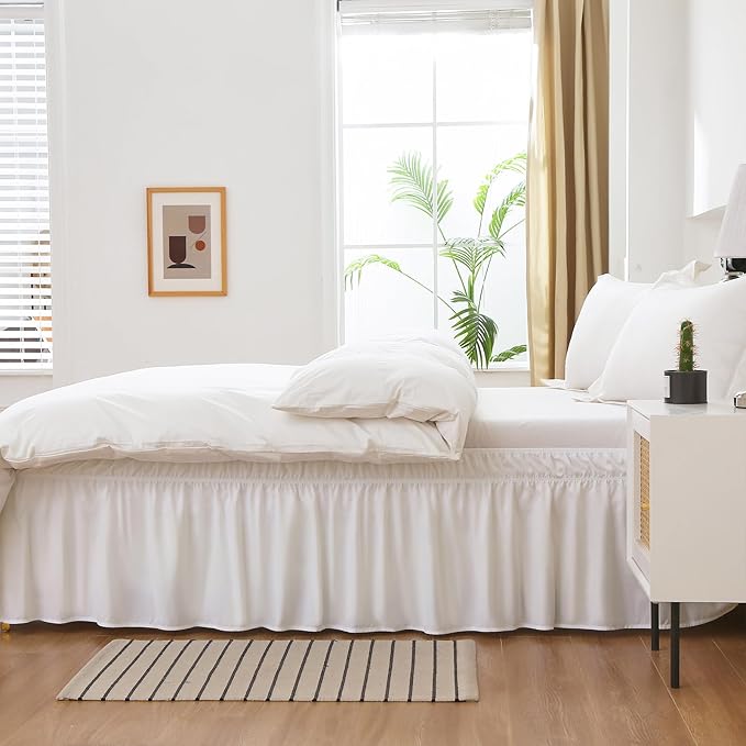 MEILA Wrap Around Bed Skirt Three Fabric Sides Elastic Dust Ruffled 16 Inch Tailored Drop,Easy to Install Fade Resistant-Natural White, Twin/Full