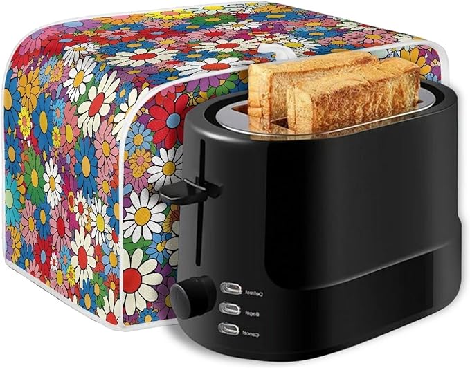 Daisy Flowers Printed Toaster Cover 4 Slice Wide Slot, Washable Kitchen Appliance Small Oven Bakeware Protector, Bread Maker Cover Dust and Fingerprint Protection