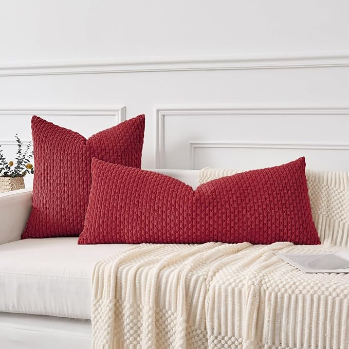 Kevin Textile 14x36 Inch Long Lumbar 1 Pack Boho Decorative Throw Pillow Cover Soft Striped Corduroy Rectangle Cushion Case Farmhouse Solid Color Accent for Living Room Couch Sofa Bed, Burgundy