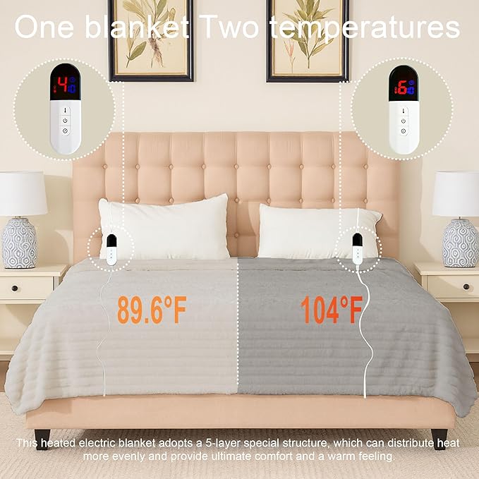 Heated Blanket - Electric Blanket with Dual Controller 6 Heating Levels & 10 Hour Auto Off Fast Heating Blanket, ETL Certified (90X100 Inch,Light Gray)