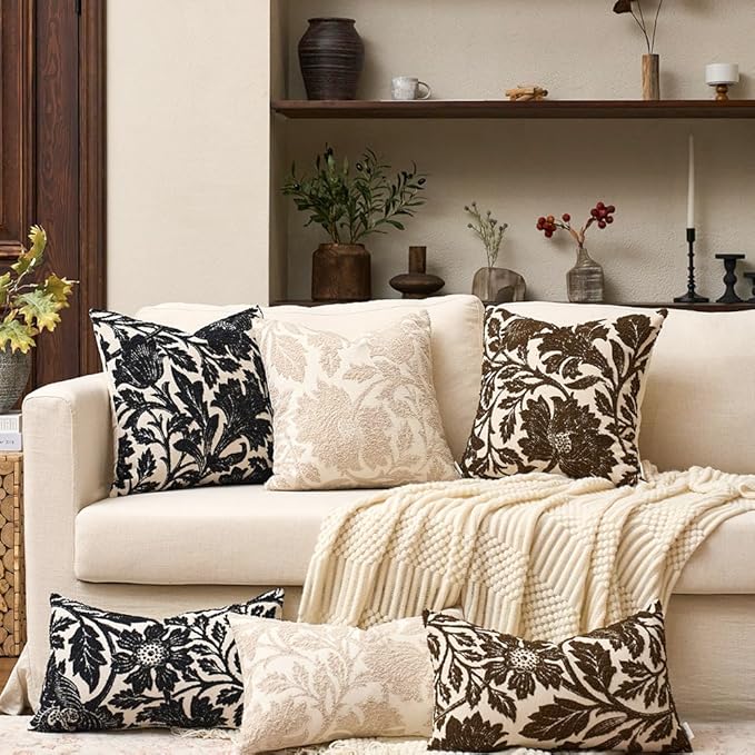 Yangest Chenille Floral Pillow Cover 18 x18 Inches, Neutral Jacquard Square Throw Pillow Cover Soft Decorative Nature Accent Couch Pillow Cover for Living Room Bedroom, Black
