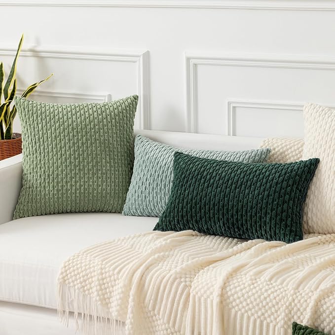 Kevin Textile 12x20 Inch Pillow Cover 1 Pack Boho Christmas Decorative Soft Striped Corduroy Lumbar Farmhouse Color Accent Rectangle Cushion Case for Living Room Couch Sofa Bed, Army Green