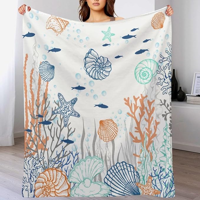 Nautical Coastal Blanket, Starfish Seashell Coral Beach Themed Drapes Ocean Orange Blue Teal Conch Print Throw Blankets for Sofa Couch Bed Room Birthday Decor, 30"x40"