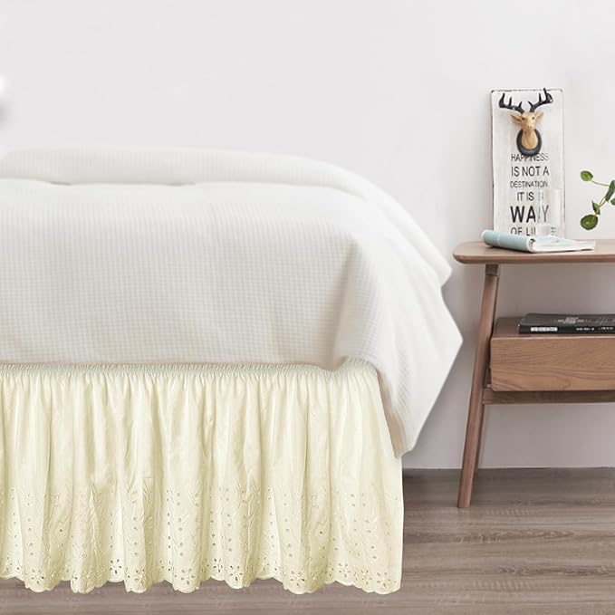 Twin Bed Skirt, Wrap-Around Elastic Ruffled Eyelet Bed Skirt Twin Size Dust Ruffle with Gathered Styling and Embroidered Details, 18" Drop Length (Light Yellow)