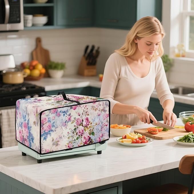 Toaster Oven Dust Cover with Pockets, Stain-resistant Kitchen Electrical Appliance Cover Countertop Ovens Decorations, S, 14.5" x 18.5" x 9", Retro Rose Pink