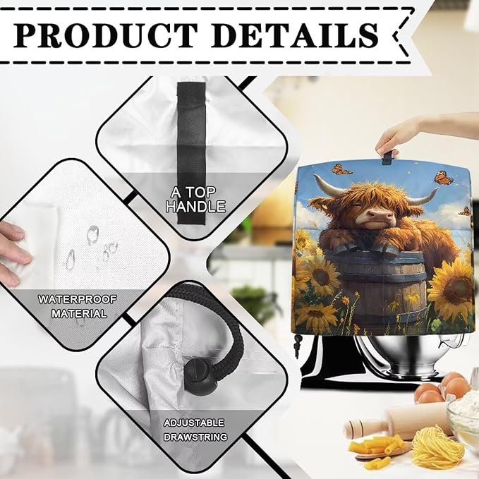 Kitchen Aid Stand Mixer Covers Highland Cow Sunflower Kitchen Appliance Dust Covers Protective Compatible with 6-8 Quart Kitchen Aid Stand Mixer