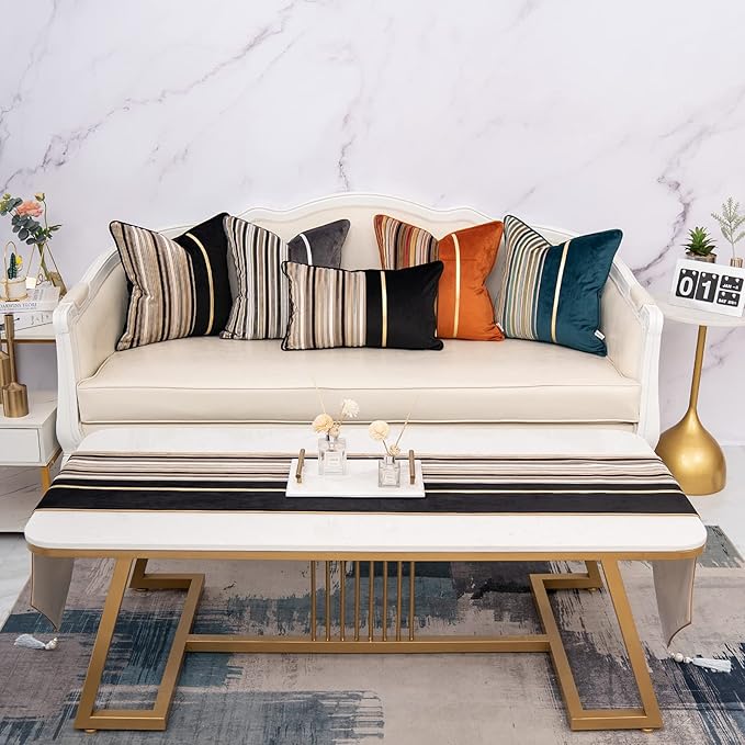 Yangest Black Striped Patchwork Throw Pillow Cover Gold Leather Cushion Cover Zippered Pillowcase for Sofa Couch Bedroom Living Room Home Decoration,18x18 Inch