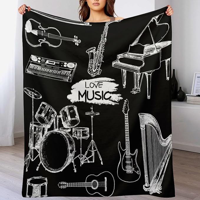 Music Blanket Drums Piano Guitar Black White Abstract Art Printed Soft Cozy Lightweight Throw Blanket for Kids Girls Boys Women Bedroom Living Room Dorm Chair Sofa Travel 40x50in