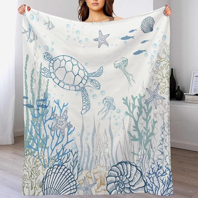 Nautical Turtle Throw Blanket, Coastal Sea Ocean Theme Coral Starfish Seashell Jellyfish Undersea Life Fleece Blanket for Summer Home Bed Sofa Couch Chair, 40"x50"