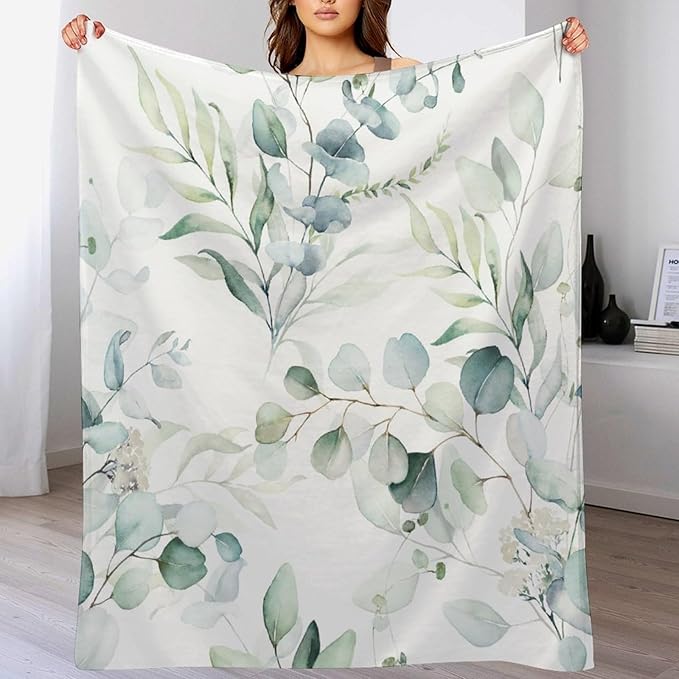 Eucalyptus Leaf Throw Blanket, Watercolor Floral Spring Botanical Green Plants Herb Print Cozy Plush Blanket for Bedroom Living Rooms Sofa Couch, 50"x60"