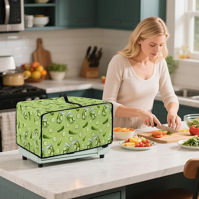 Toaster Oven Dust Cover with Storage Pockets, Dust-Proof Kitchen Appliance Protector for Small Appliances Convection Ovens, L, 18.5 x 22.5 x 13 Inches, Cucumber Print Green