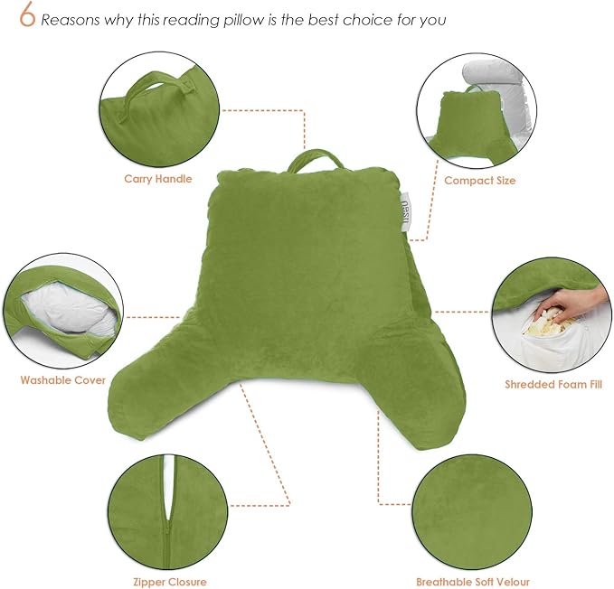 Nestl Reading Pillow for Kids & Teens with Shredded Memory Foam, Backrest Pillows for Reading, Watching, and Gaming, Use on the Couch, Bed, or Floor, Adjustable Support with Washable Cover Calla Green