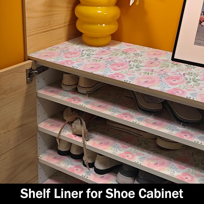 Peach Peony Shelf and Drawer Liner for Kitchen,Non-Adhesive and Strong Non-Slip Floral Cabinet Drawer Liners for Kitchen Shelf, Waterproof Cupboard Liners,Easy to Clean,12IN x 10FT