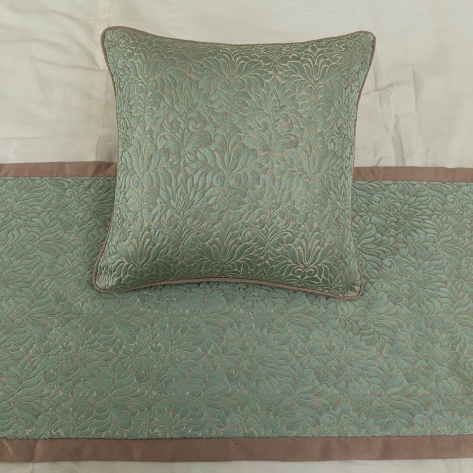 The HomeCentric King/Queen/Twin Blue & Beige Decorative King 90"x18" Bed Runner Without Pillow Cover, Damask Bed Scarf on Jacquard Fabric - Arabella