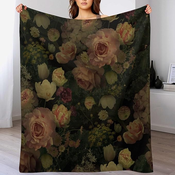 Black Floral Blanket, Rustic Watercolor Botanical Rose Peony Vintage Leaves Plant Boho Gothic Print Throw Blankets for Bed Living Room Bedding Couch Soft Decor, 50"x60"
