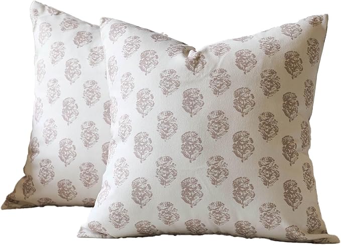 DOMVITUS Set of 2 Floral Pillow Covers 20x20, Block Print Pillow Covers Vintage Neutral Decorative Farmhouse Throw Pillow Covers for Couch Bed Living Room Light Camel