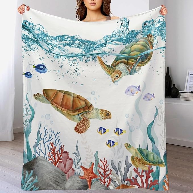 Sea Turtle Throw Blanket, Teal Blue Ocean Underwater Animal Starfish Fish Nautical Coastal Theme Fleece Flannel Blanket for Couch Sofa Bedroom Adults Kids, 30"x40"