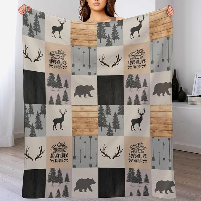 Rustic Cabin Throw Blanket, Retro Camping Bear Deer Farmhouse Wildlife Tree Forest Brown Gray Print Warm Flannel Blanket for Bedroom Camping Travel, 40"x50"