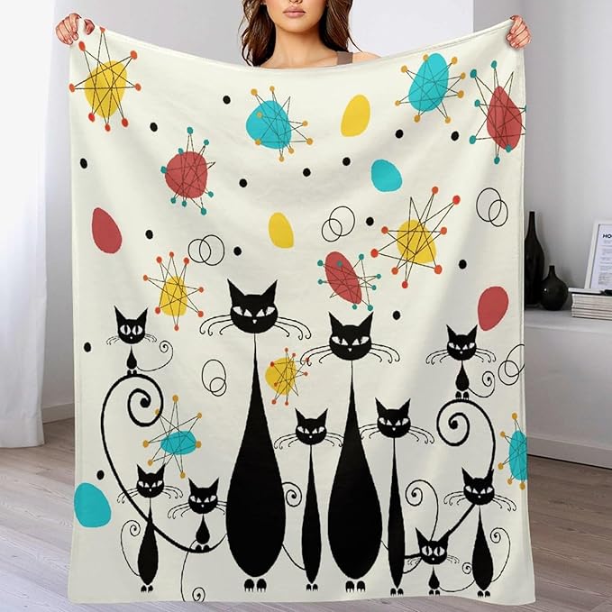 Mid Century Modern Throw Blanket, Atomic Black Cat Starbursts Iconic Sputnik Retro Abstract Geometric 1950s 1960s Throw for Adults Kids Pet, Beige Black 60"x80"