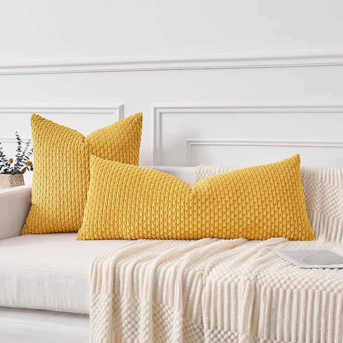 Kevin Textile 20x54 Inch Long Body Lumbar 1 Pack Boho Decorative Throw Pillow Cover Soft Striped Corduroy Rectangle Cushion Case Farmhouse Accent for Living Room Couch Sofa Bed, Mustard Yellow