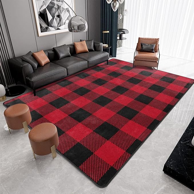 9CH Red Black Buffalo Plaid Rug 7' x 5', Christmas Faux Wool Area Rugs Non-Slip, Red Buffalo Check Rugs Carpet for Kitchen Living Room Bedroom